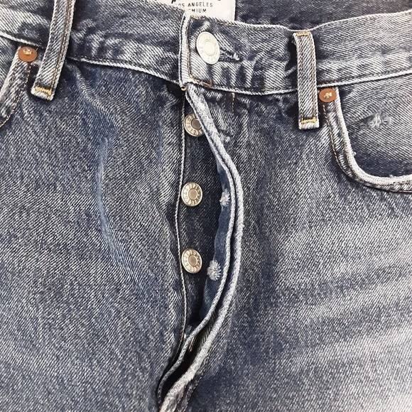 AGOLDE Quinn Denim Mini Skirt Sz 30 High Waist Distressed Raw Hem Jean Skirt - Picture 4 of 7